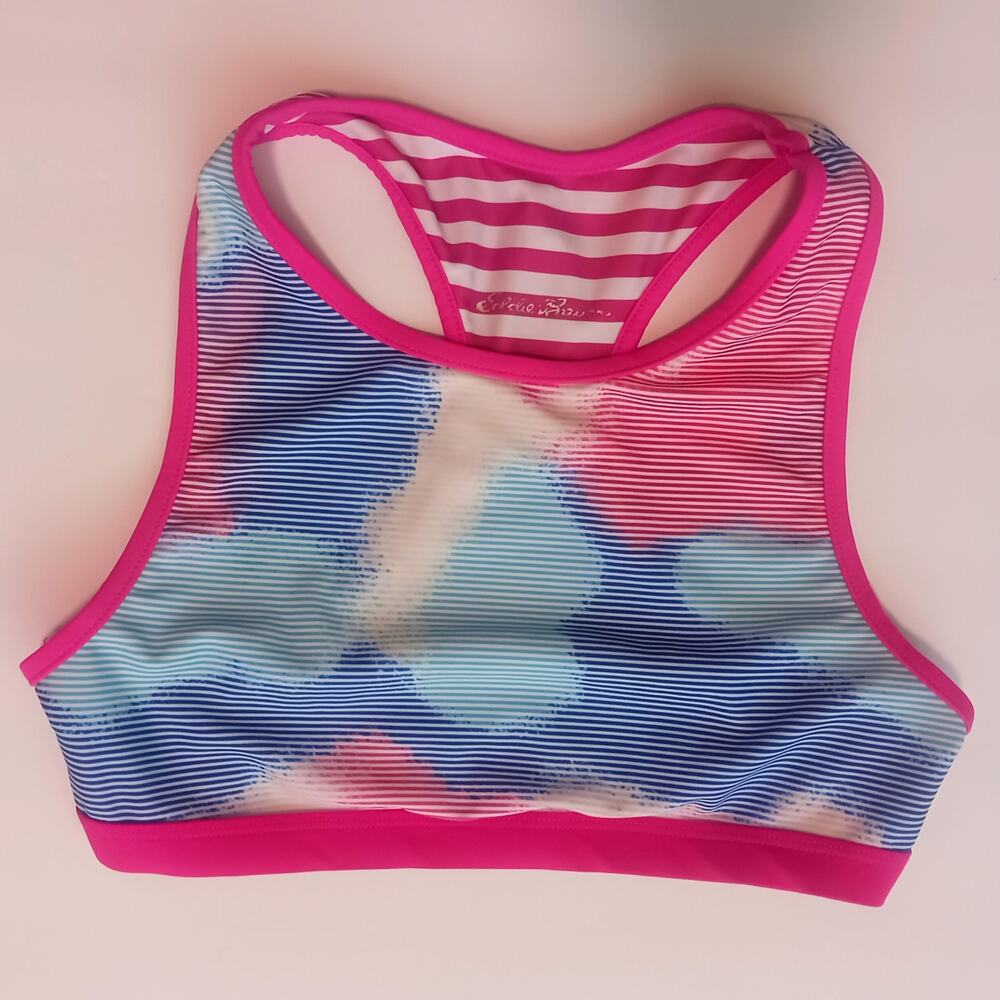 Girls 10/12 M Eddie Bauer swim sport top racer back tie dye pink/blue clouds
